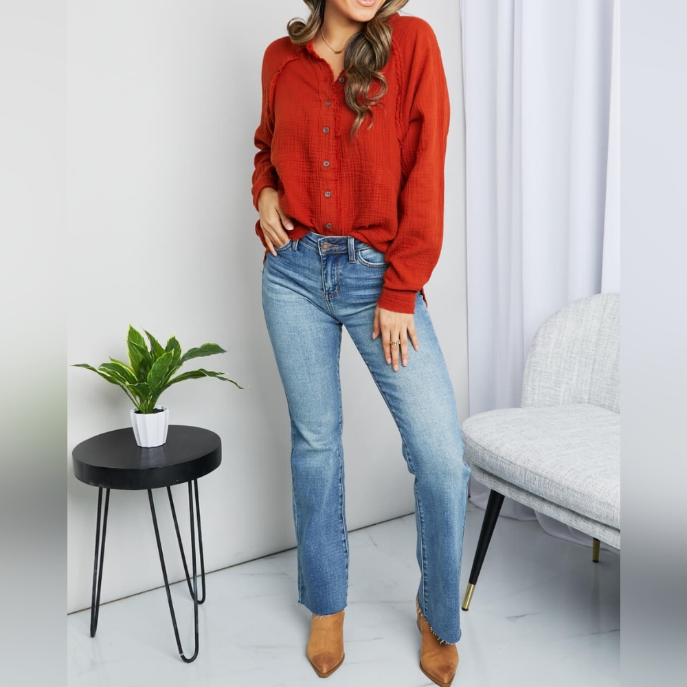 Womens Fray Hem Button Down Textured Shirt in Rust S M L XL